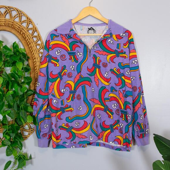 90s Dimitris In The House Abstract Polo Shirt Graphic Cotton Top | Bright Spring - Picture 2 of 8